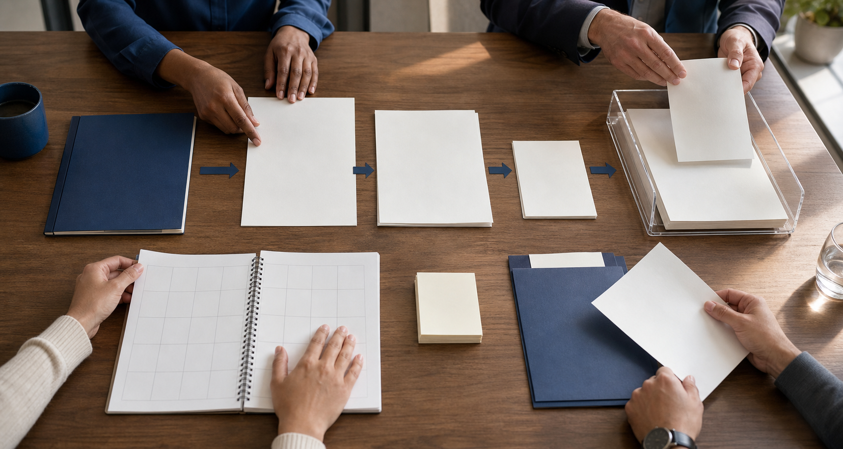 Students and administrators organize application papers, meeting notes, a receipt, and a site folder on a university office table.