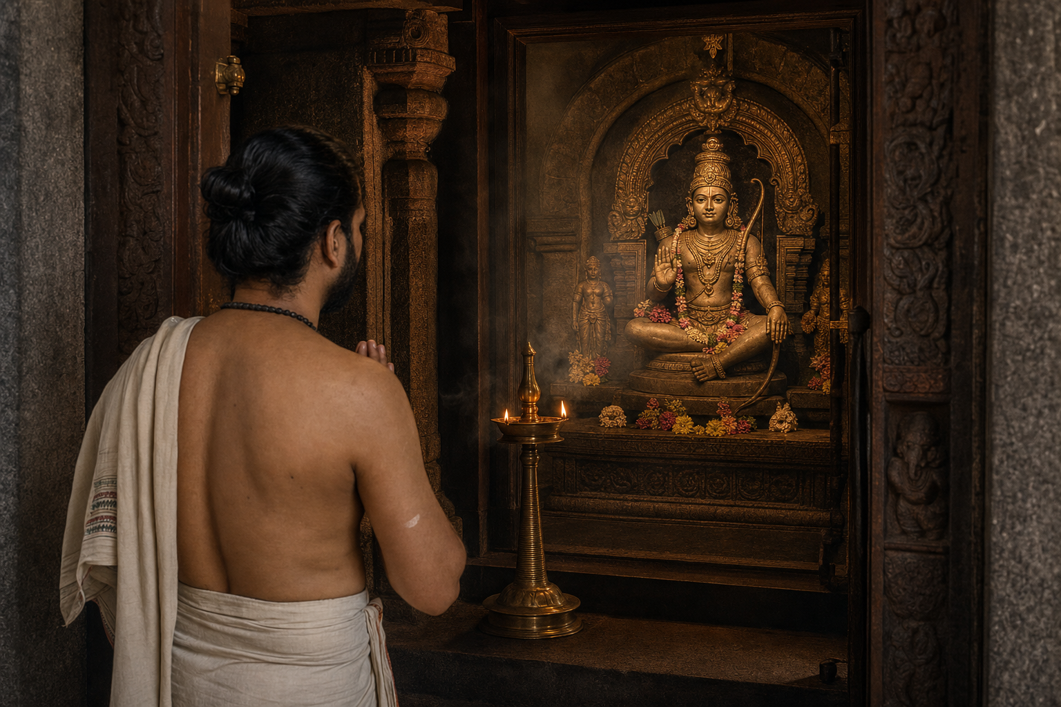 A devotee observes the posture, gestures, and ornaments of a Lord Ayyappa image inside a lamplit Kerala temple.