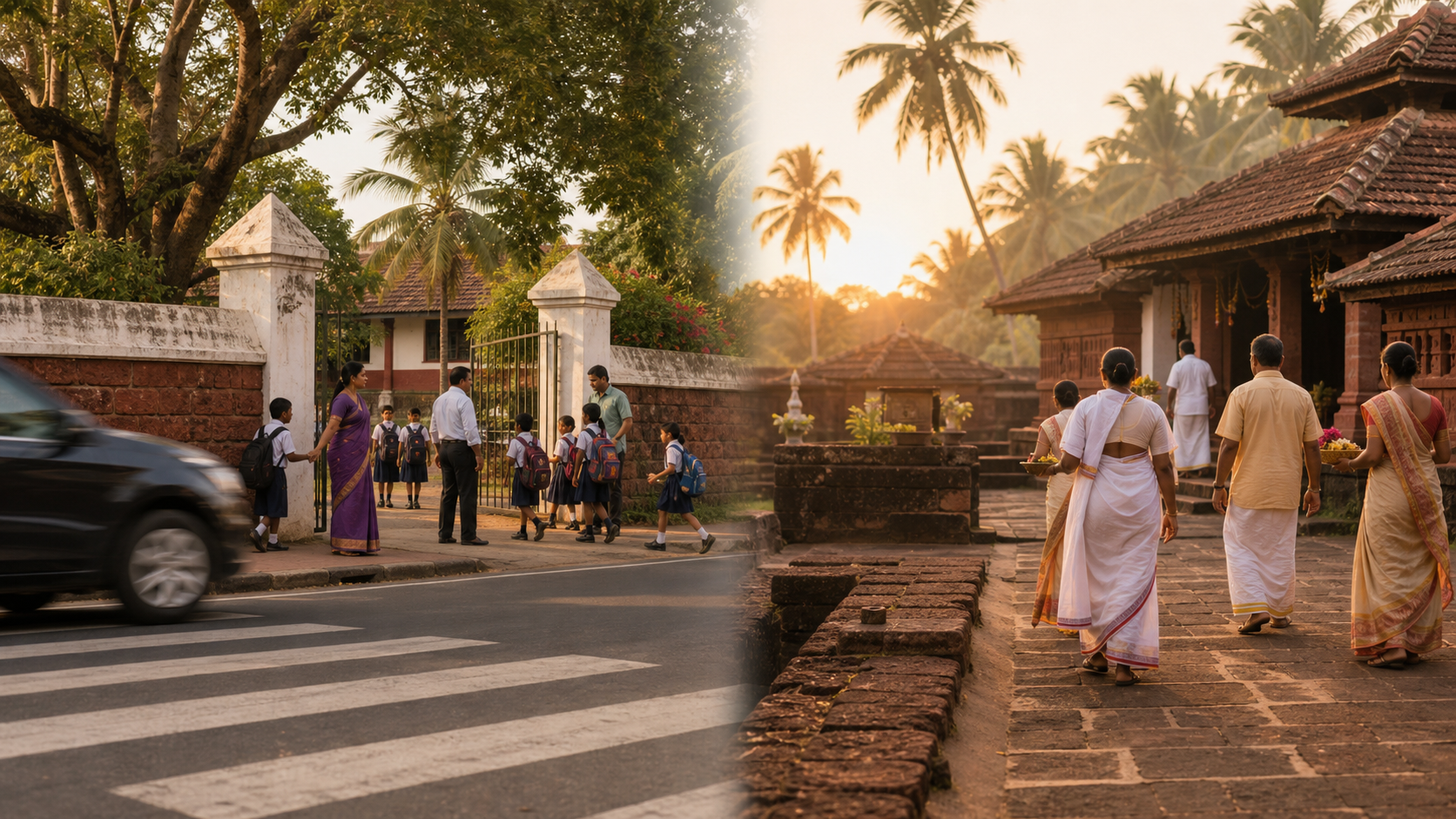 A split image shows supervised children outside a Goan school and adult worshippers entering a quiet Hindu temple courtyard.