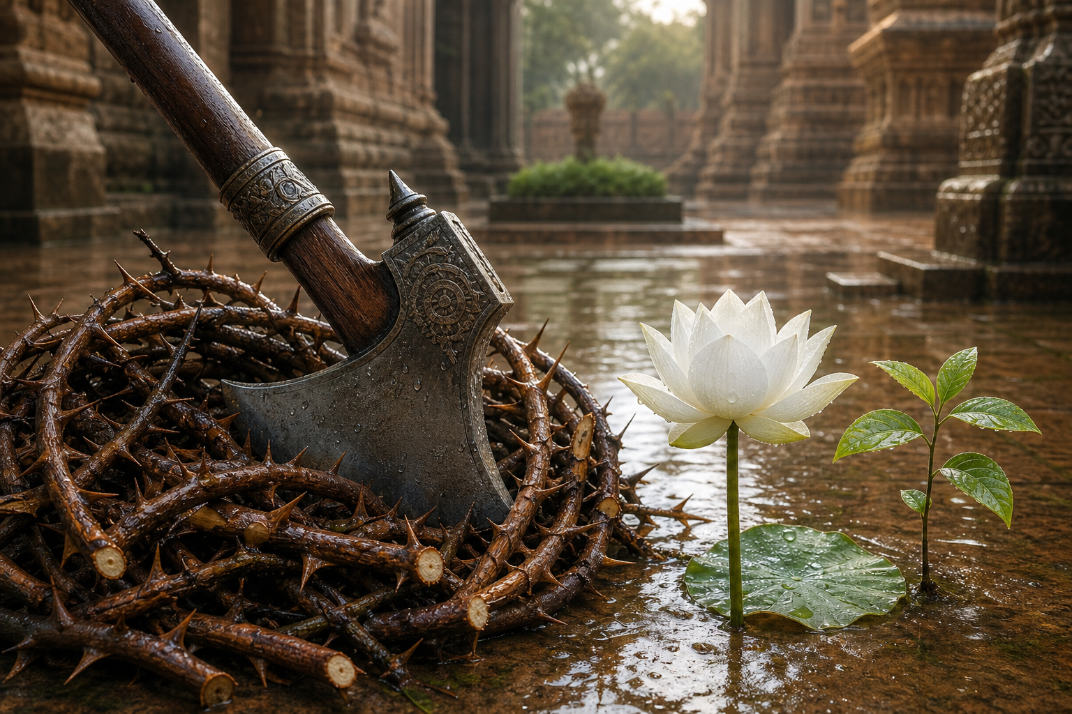 A ceremonial axe cuts through thorny vines in a rain-wet courtyard while a white lotus and young sapling remain unharmed beside them.