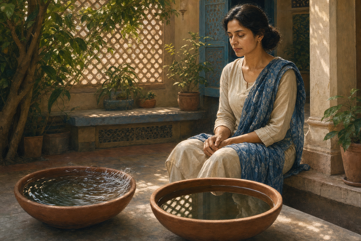 A seated person pauses in a sunlit courtyard beside two clay bowls, one holding rippled water and the other still water.