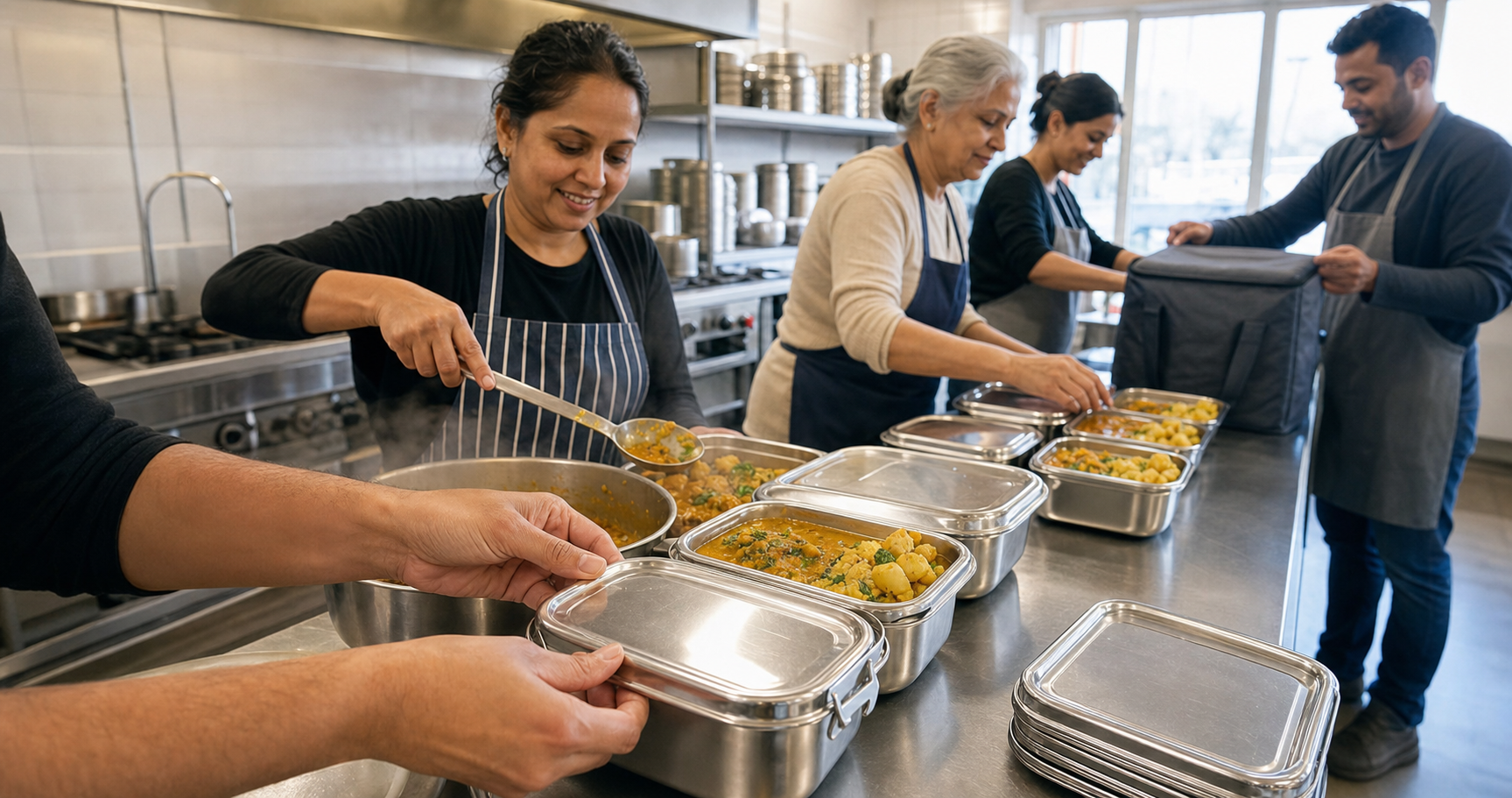 Volunteers portion and pack vegetarian meals into reusable containers in a community kitchen.