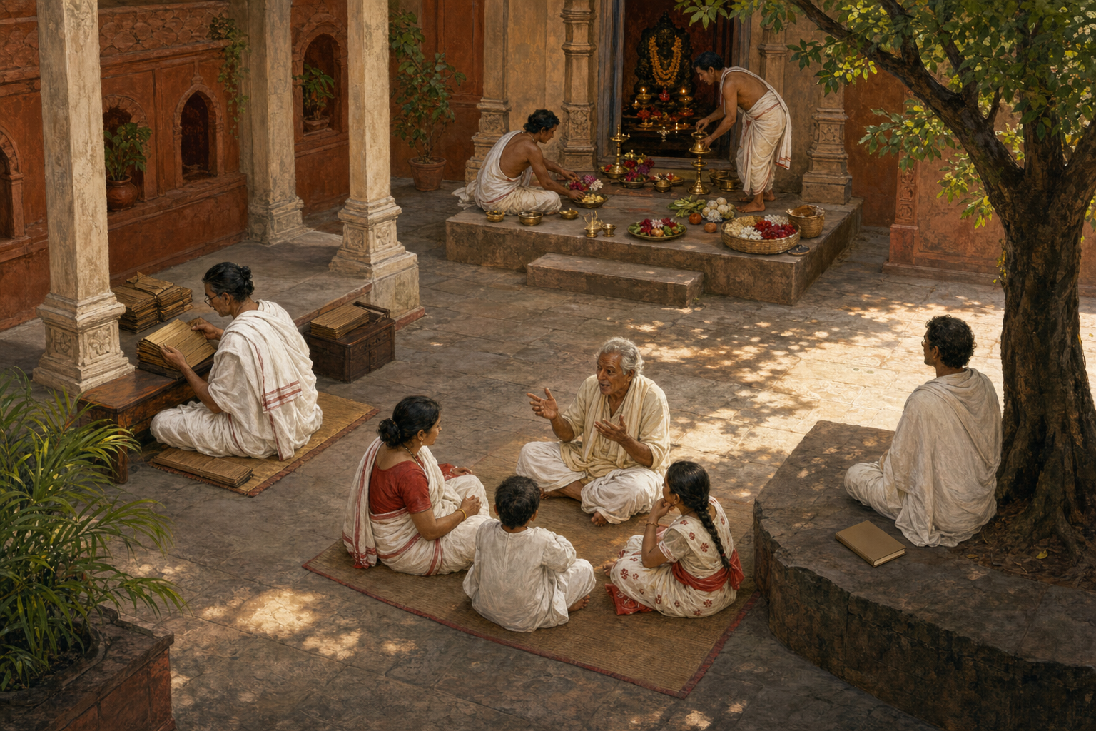 A temple courtyard contains separate areas for manuscript study, oral storytelling, ritual preparation, and solitary reflection.
