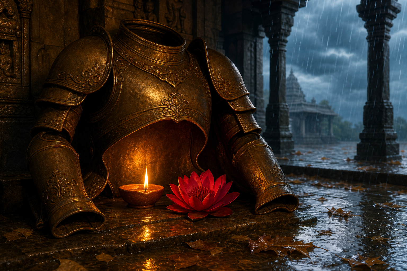 Bronze ceremonial armor shelters a burning clay lamp and red lotus from wind and rain inside a stone sanctuary.