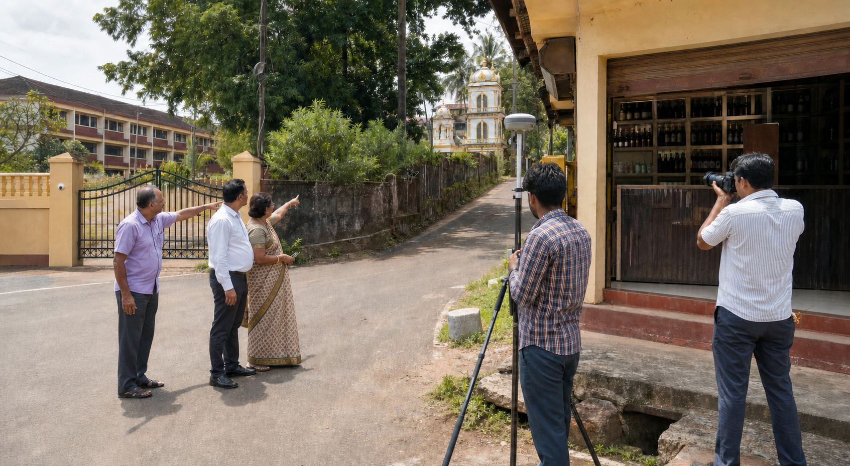 Residents and municipal officers document property boundaries near an unbranded liquor outlet, a school, and a temple access lane in Goa.