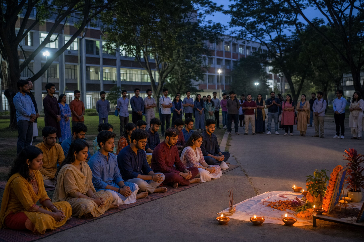 Students hold an orderly evening prayer vigil with clay lamps while other members of the campus community observe peacefully.