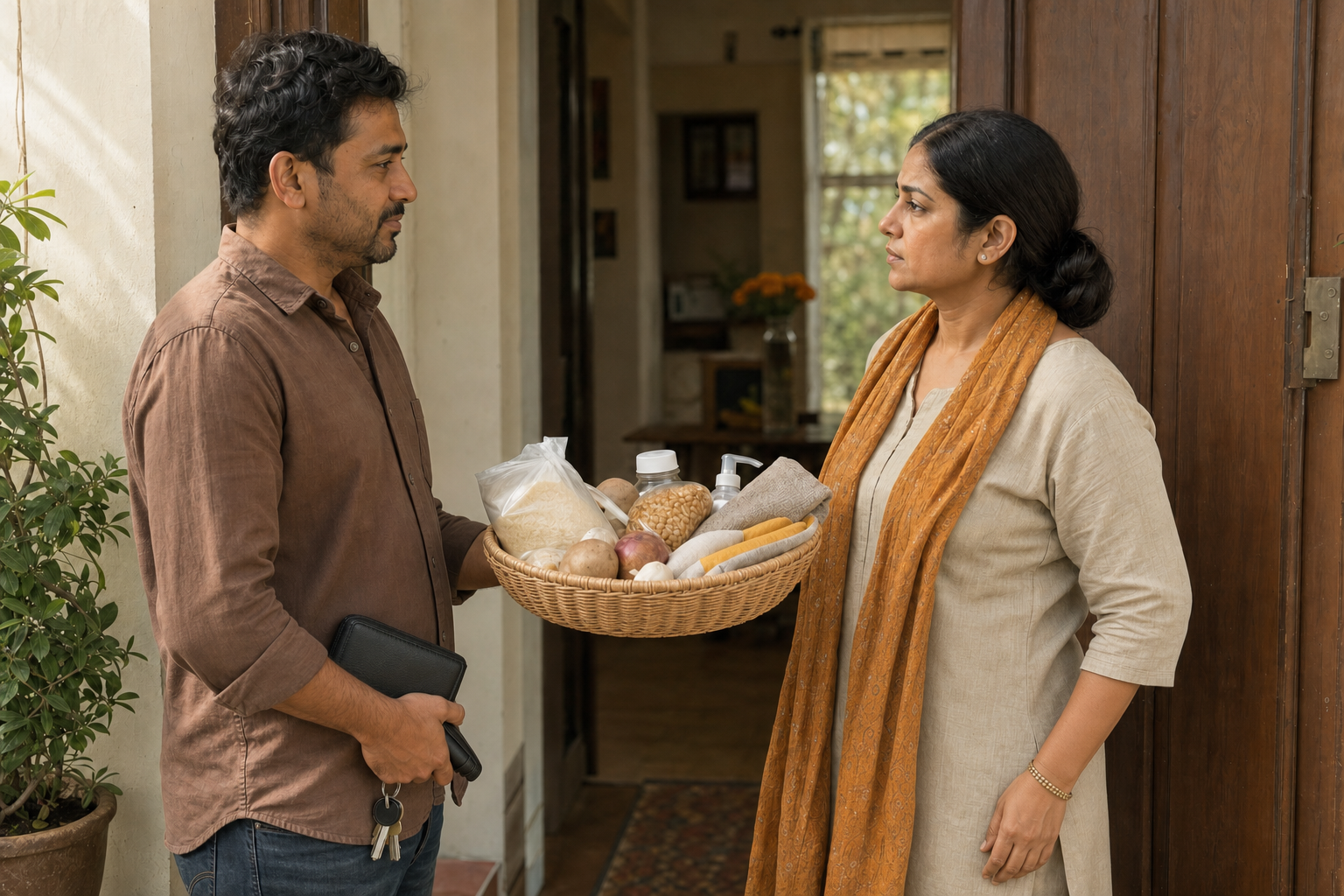 One adult offers another a basket of food at a home doorway while calmly retaining a wallet and house keys.