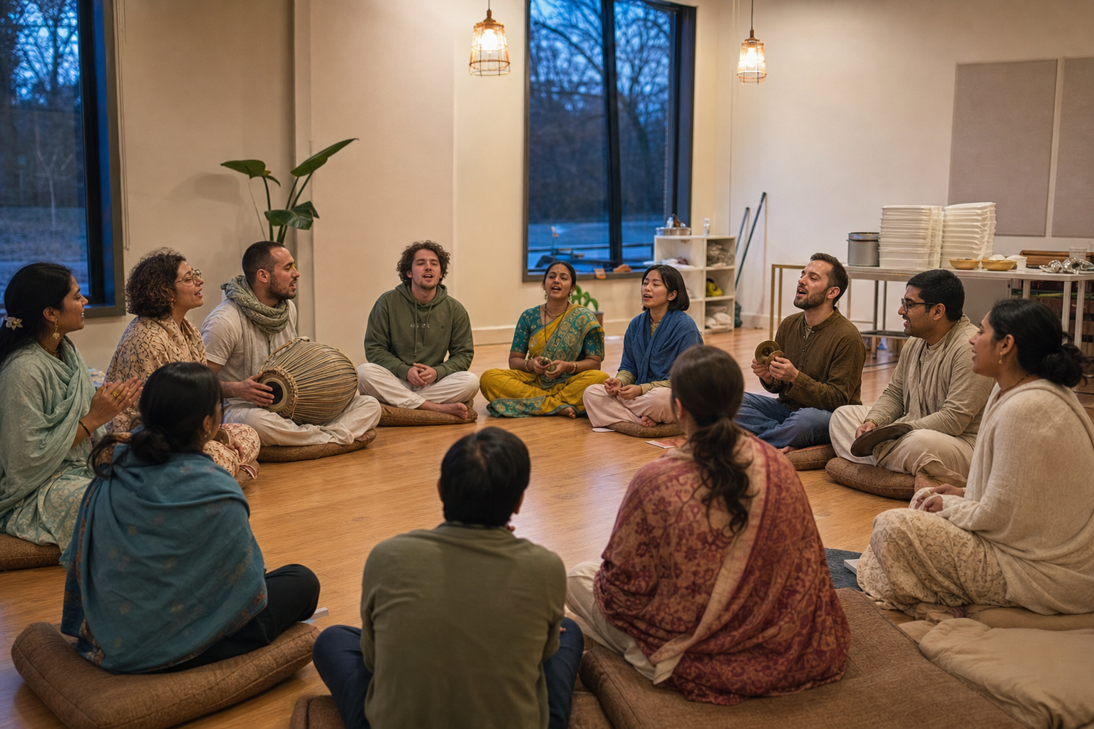 A diverse circle of devotees sings together with a drum and hand cymbals in a simple community room.