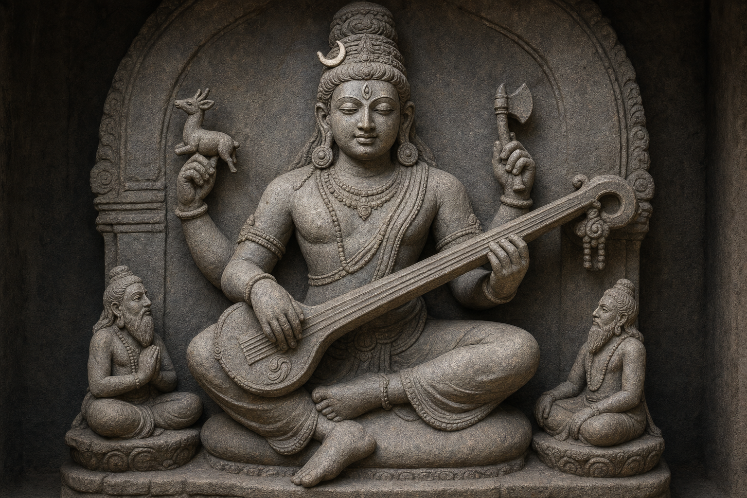 A four-armed stone Shiva holds a veena across his torso, with an antelope and axe in his raised hands and two sages below.