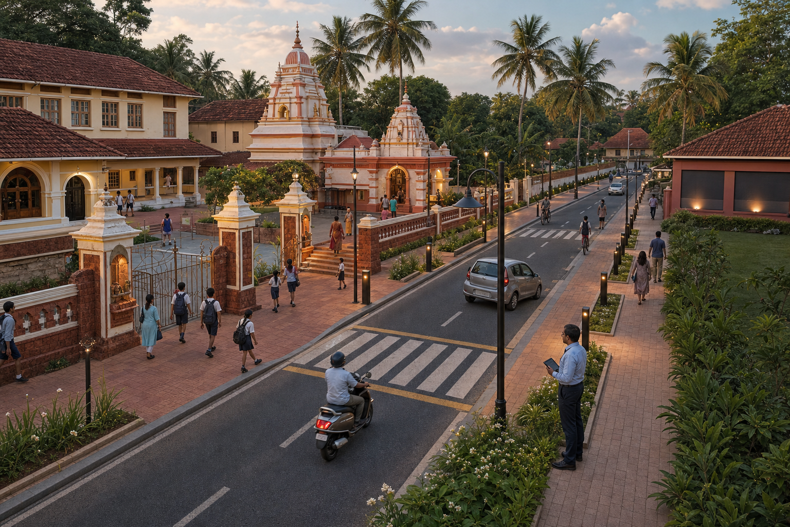 An elevated view of a Goan street shows protected school and temple approaches, pedestrian safeguards, municipal oversight, and a shuttered liquor outlet farther away.
