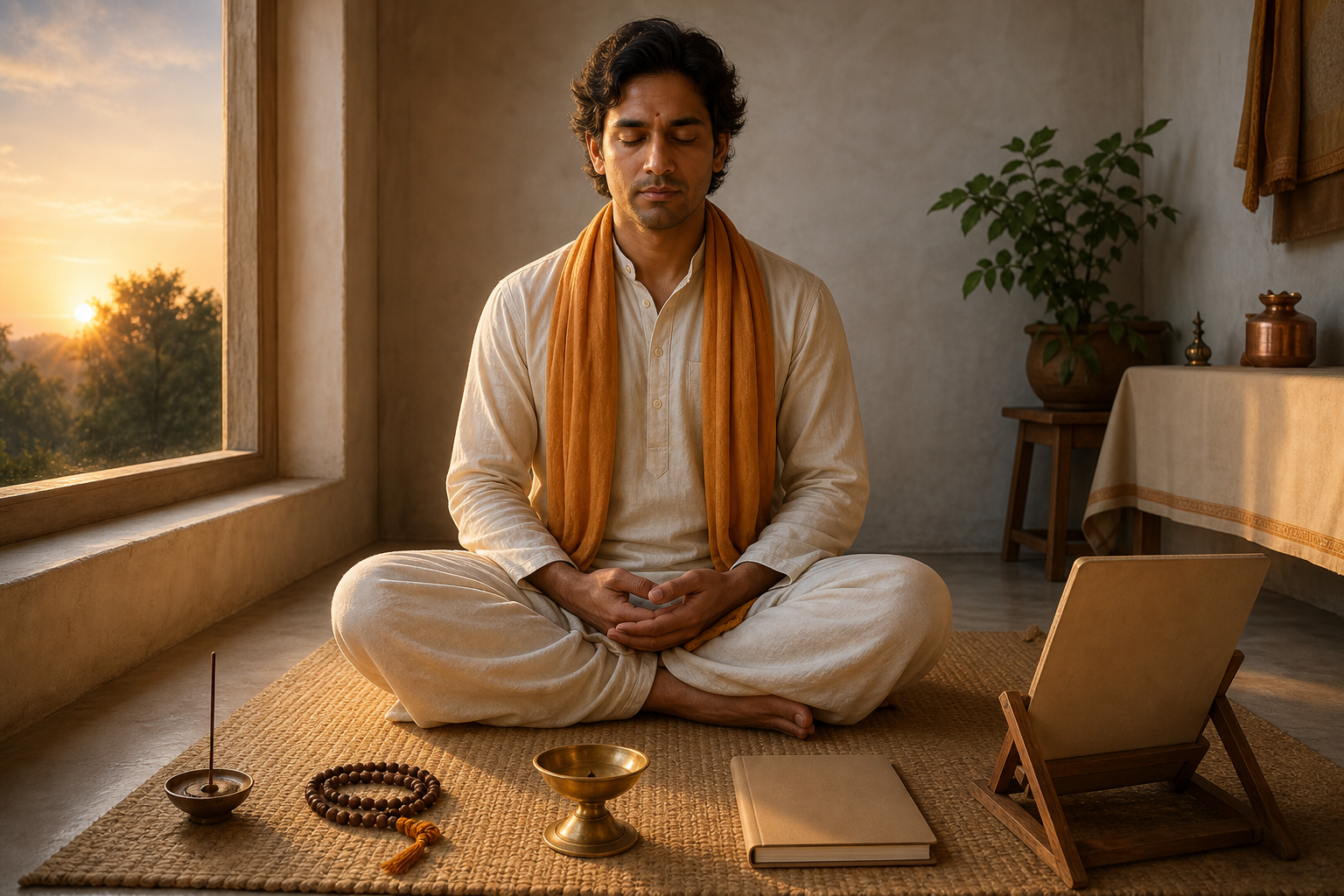A practitioner meditates at sunrise on a woven mat beside prayer beads, a brass lamp, a closed notebook, and a wooden manuscript stand.