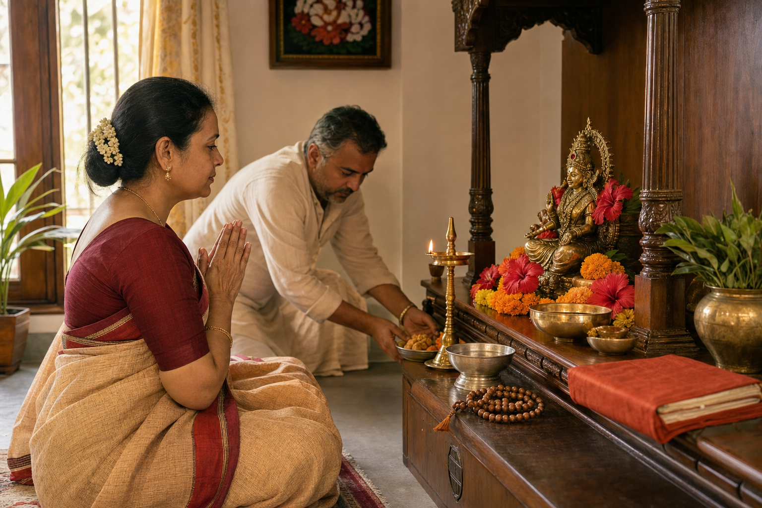 A devotee prays before a home altar holding a sculpted goddess, flowers, a brass oil lamp, prayer beads, water, and a food offering.