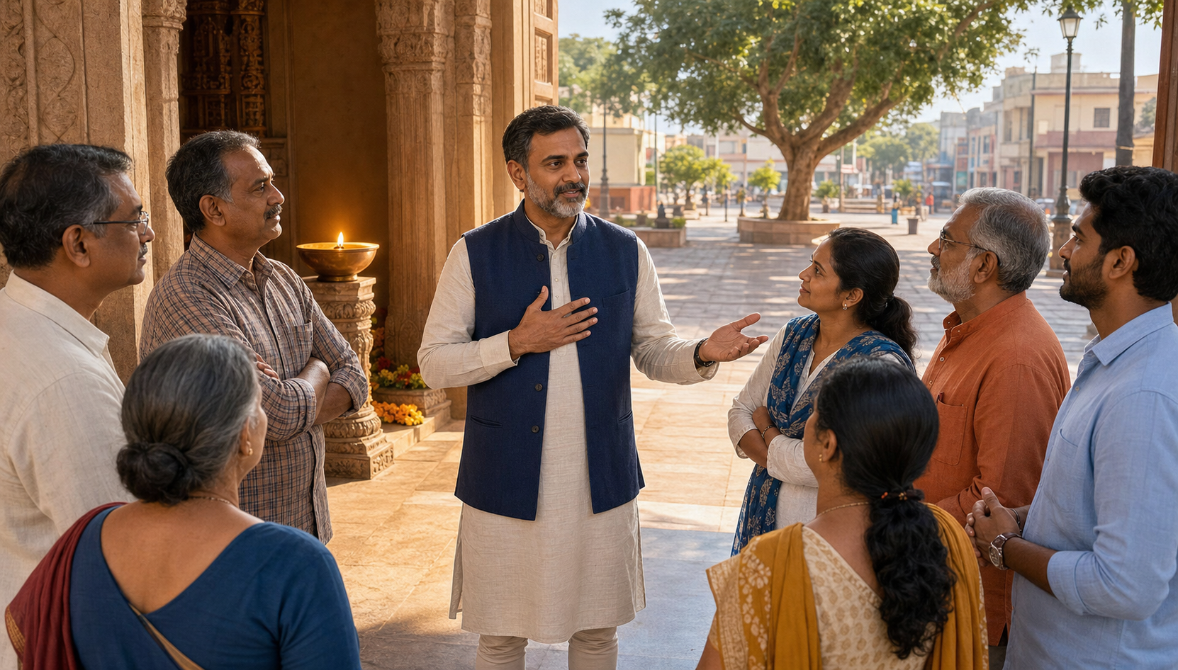 A calm community leader stands between a temple courtyard and a public gathering, extending a hand toward neighbors engaged in discussion.