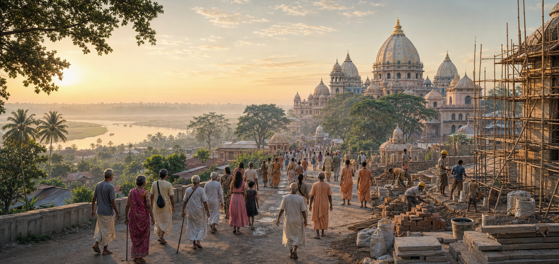 Pilgrims, residents, volunteers, and construction workers share a path toward a large temple complex in a dawn landscape of river, fields, trees, and community buildings.