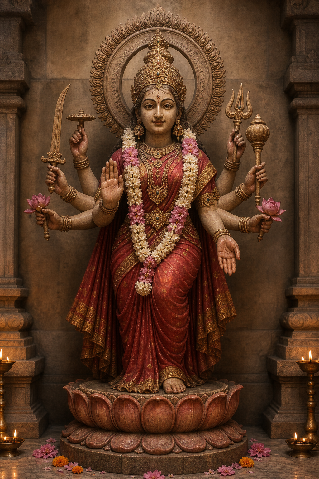 A frontal goddess sculpture rises from a lotus pedestal to symbolic hands, a serene face, an ornate crown, and a circular halo.