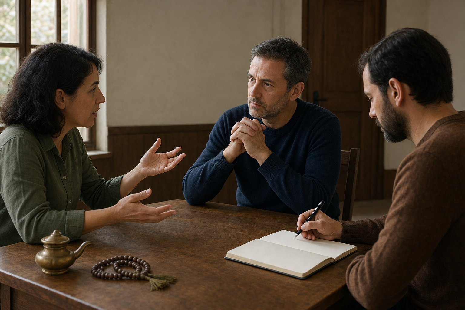 Three adults practice responding to a difficult situation in a community hall while prayer beads and a brass lamp rest on the table.