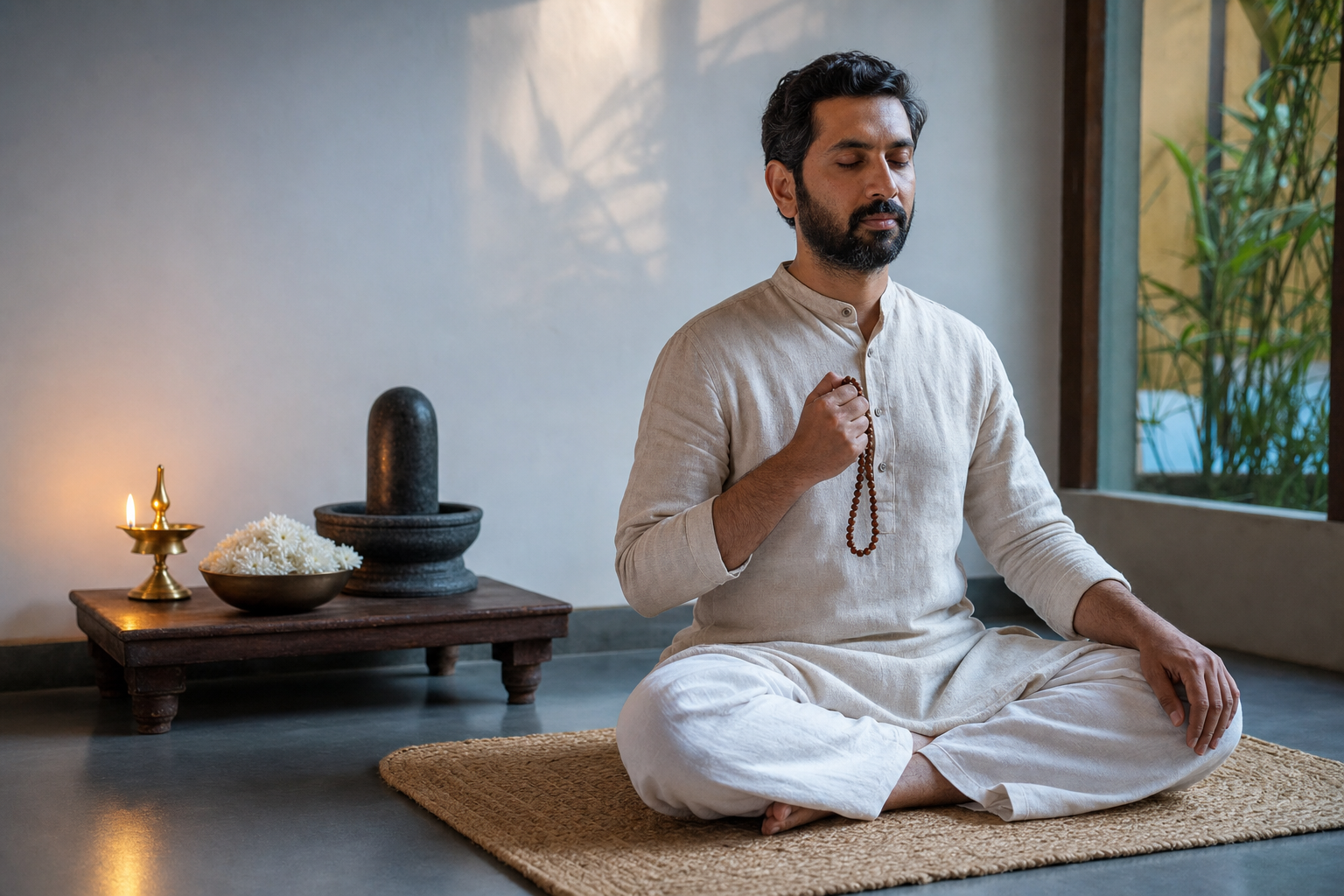 An Indian practitioner sits on a woven mat at dawn, holding prayer beads beside a small home altar with a lamp, flowers, and a Shiva lingam.