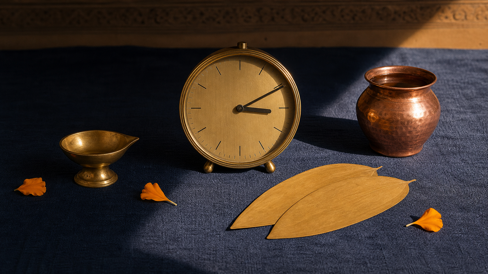 A brass analog clock set to 3:10 sits with a diya, copper vessel, and marigold petals as afternoon light divides the indigo-cloth setting.
