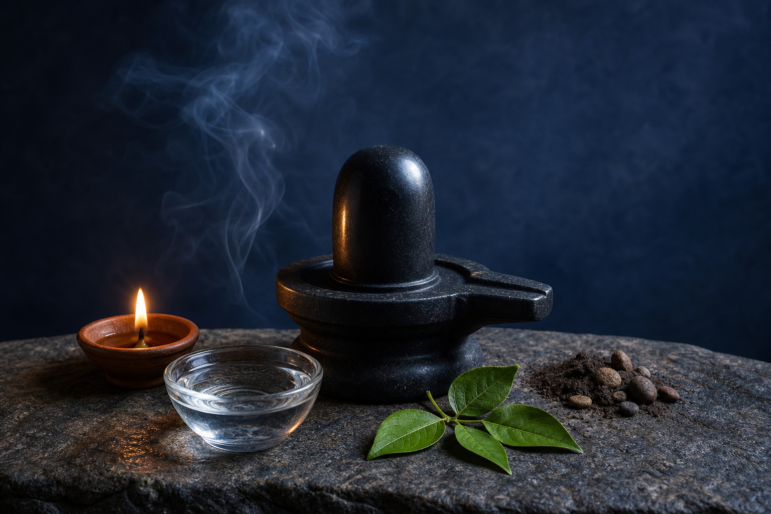 A stone Shiva lingam is surrounded by a lamp, water, leaves, earth, pebbles, and open space in a contemplative still life.