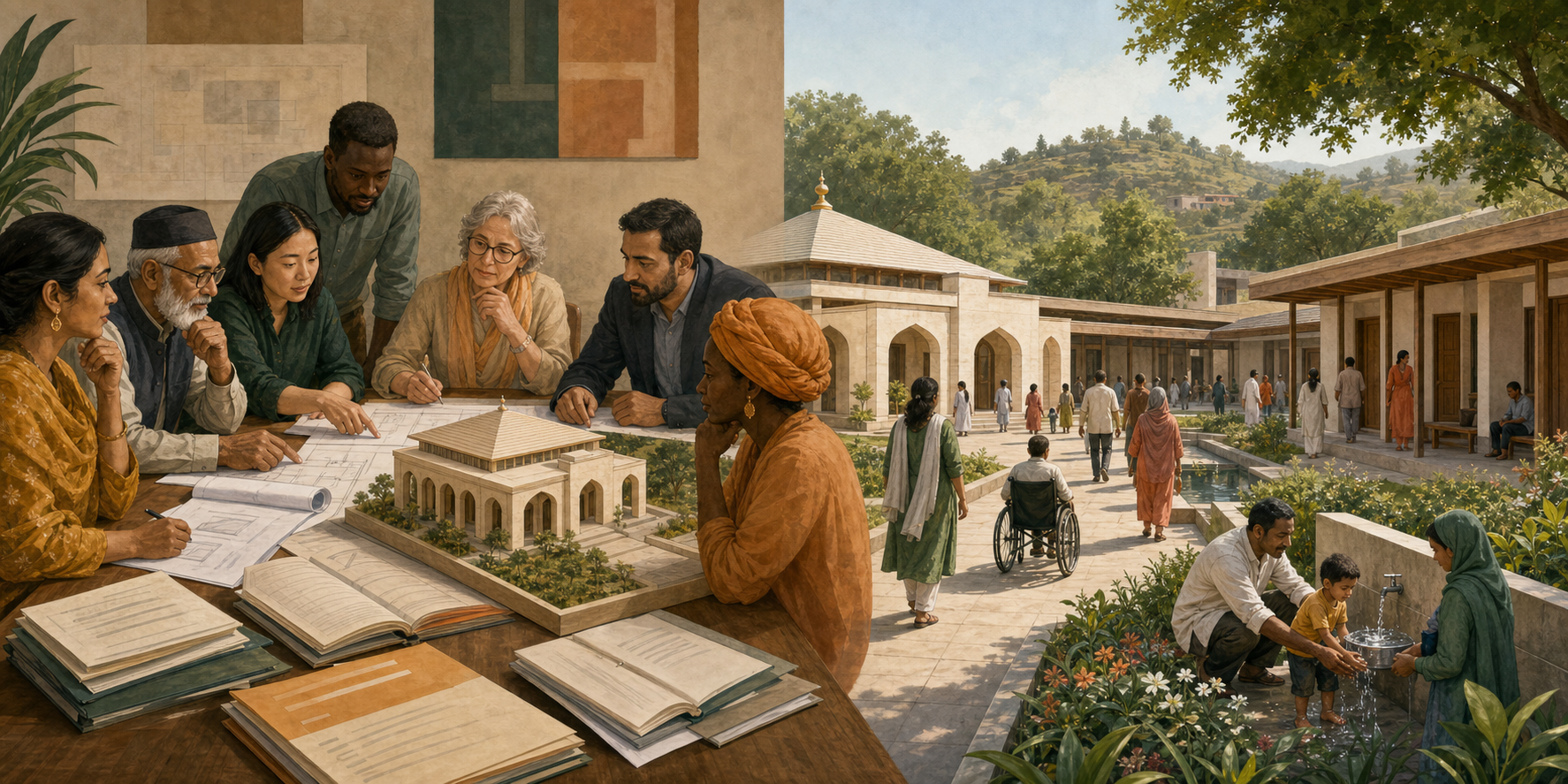 A committee reviews plans and a building model on one side, while pilgrims and residents use the completed facility and its paths, lodging, gardens, and water access on the other.