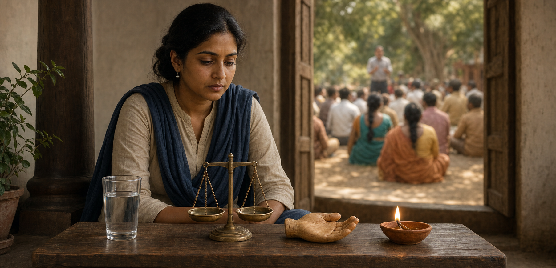 A woman considers a glass of water, a balance scale, a carved open hand, and an oil lamp before entering a community meeting.