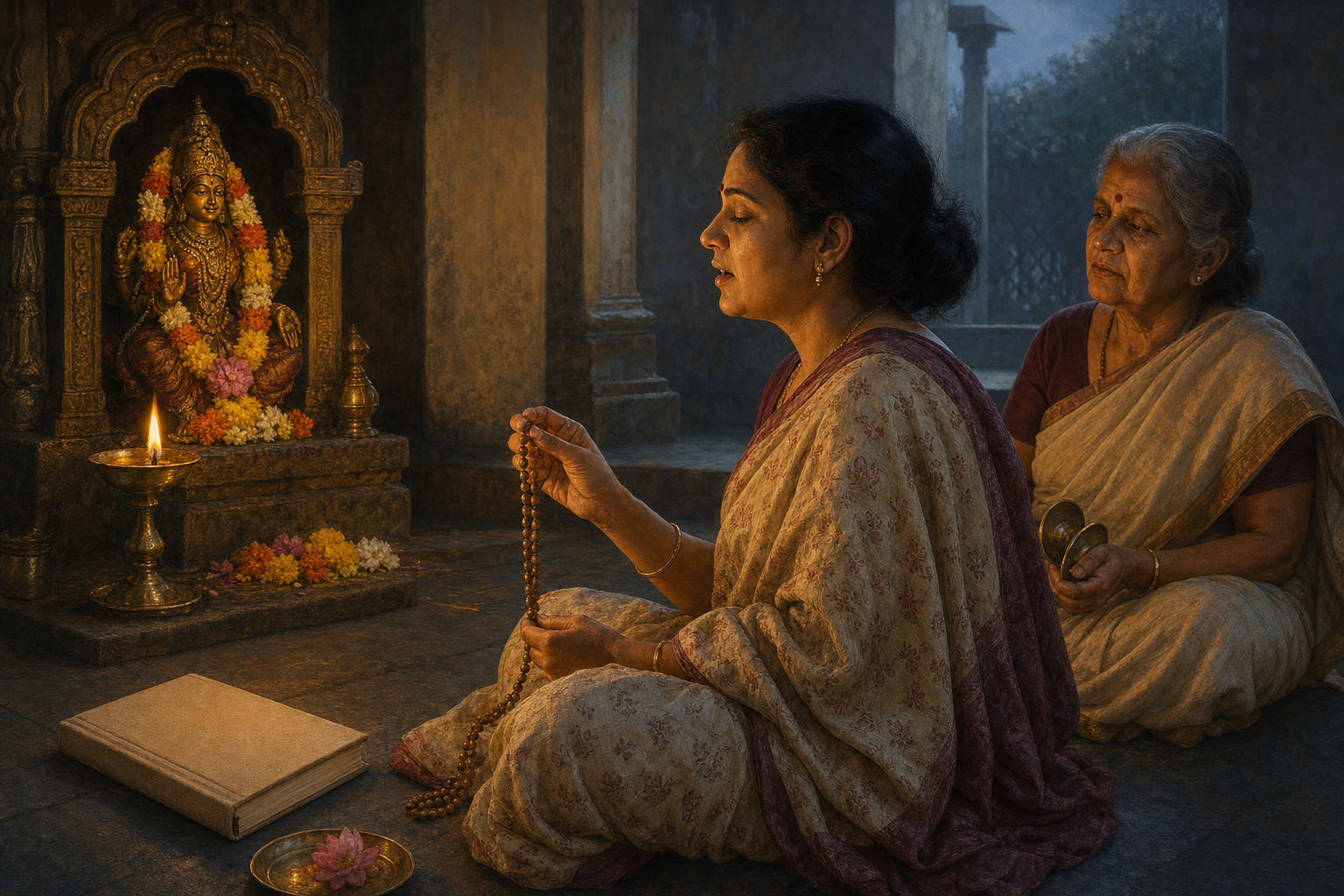 A seated woman recites before a goddess shrine with prayer beads while an older relative listens beside a brass lamp and closed book.