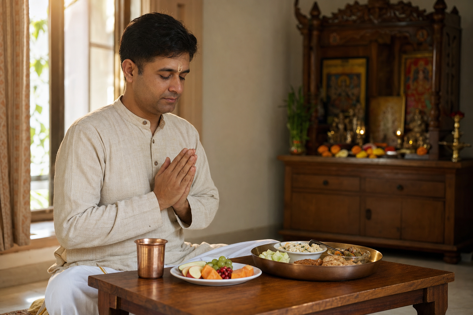 An adult seated in morning light prepares to end a fast with water, fruit, grains, and a simple vegetarian meal beside a home shrine.