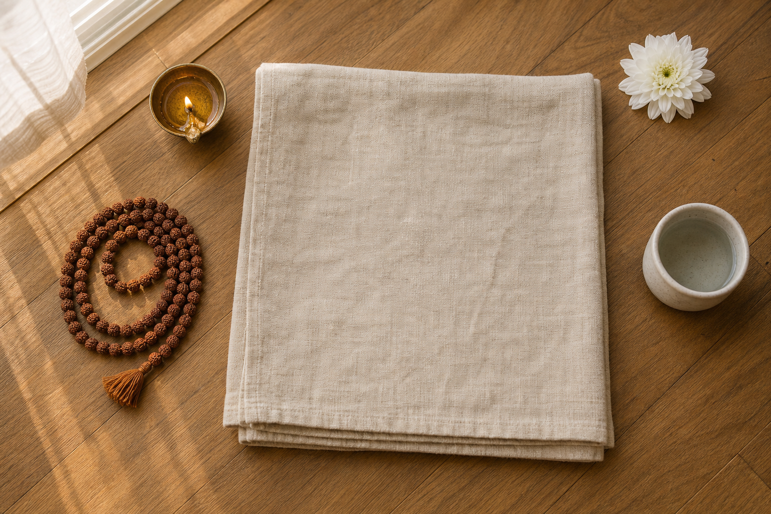 Prayer beads, a folded meditation cloth, a brass lamp, a white flower, and a cup of water are arranged for a simple daily practice.