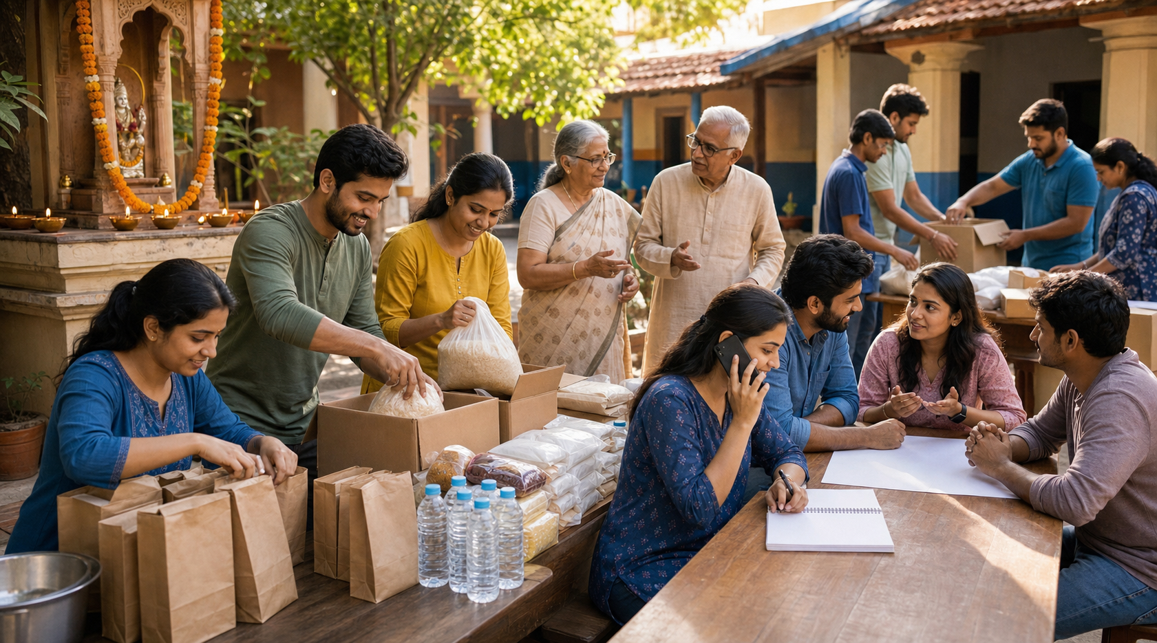 Adults and elders organize food parcels, emergency supplies, phone outreach, and neighborhood assistance in a temple courtyard.