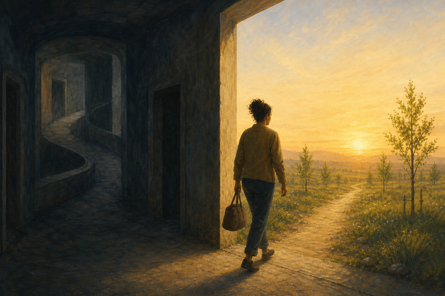 An adult carrying a small bag steps from a dark interior across a doorway into a sunlit landscape with an open path and young trees.