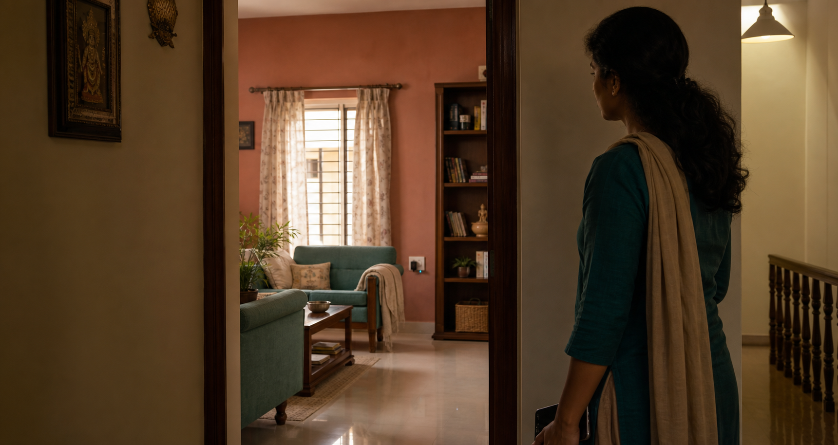 An Indian woman stands in a hallway outside a living room where a tiny camera lens is concealed in a plug-in device near a bookshelf.