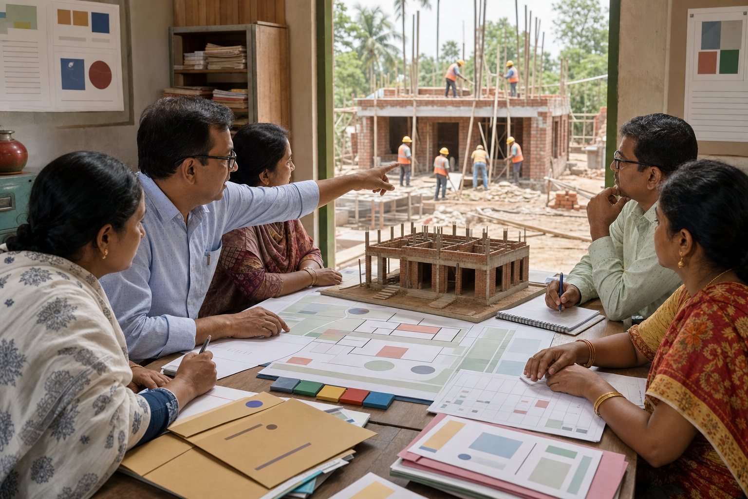 Committee members and community representatives compare blank project documents and a building model with an active construction site visible through an open doorway.