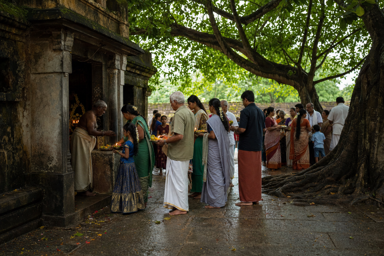 Families bring flowers, fruit, coconuts, and lamps to a shaded village goddess sanctuary beneath a large sacred tree.