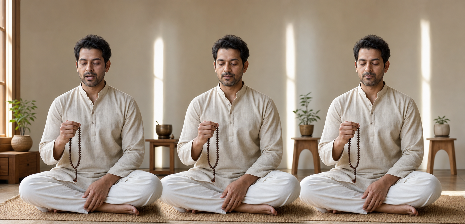 The same seated practitioner is shown chanting with the lips open, nearly closed, and fully closed to represent three modes of japa.
