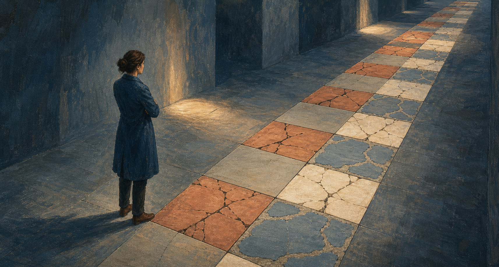 An adult studies a corridor where the same pattern of cracked, repaired, and newly broken floor tiles repeats into the distance.