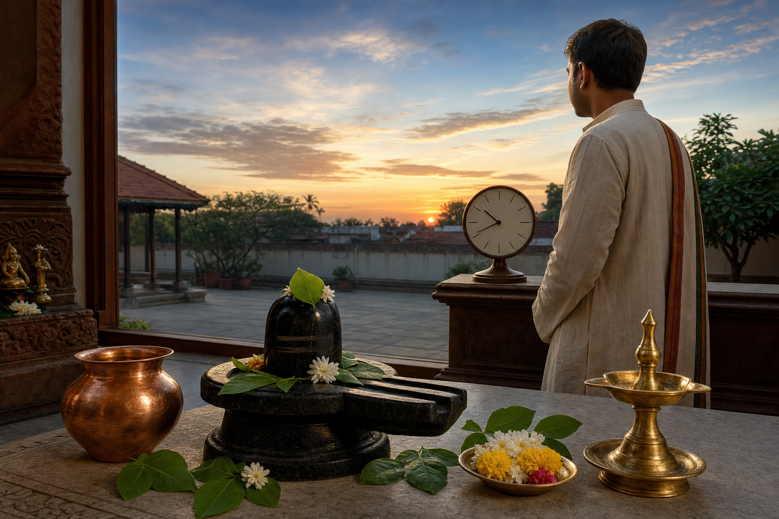 A devotee looks toward the fading western sky while a Shiva lingam, bilva leaves, copper pot, and unlit lamp await worship in the foreground.