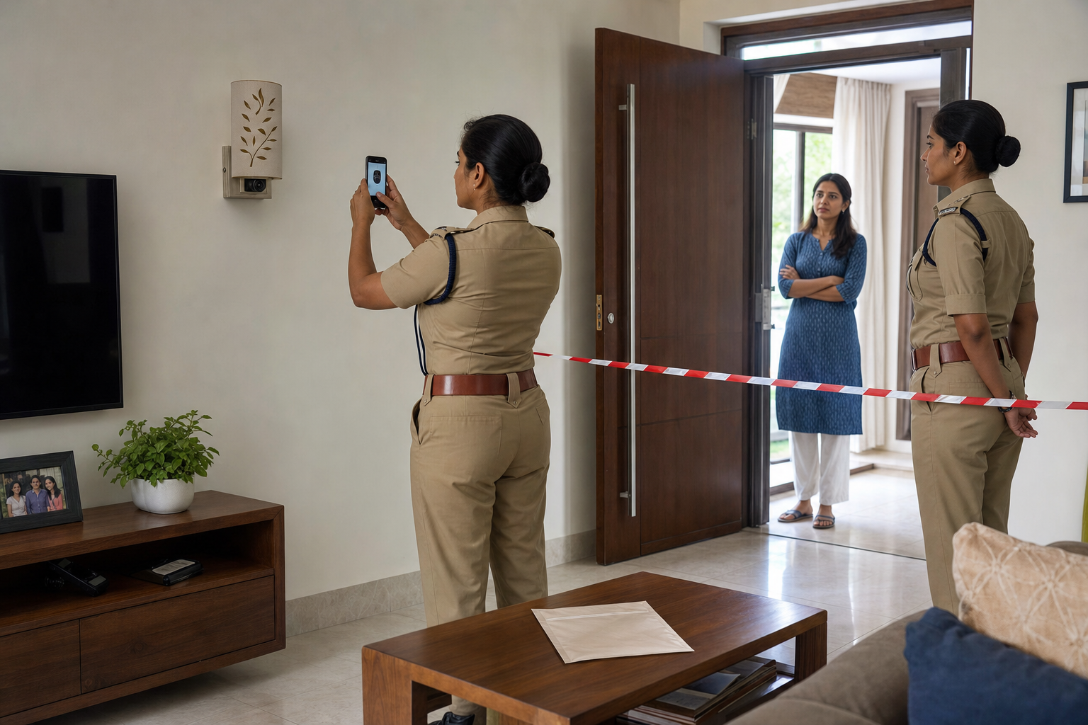 A woman phones for help beside a trusted supporter while a suspicious device remains untouched in another room and evidence supplies sit on a table.