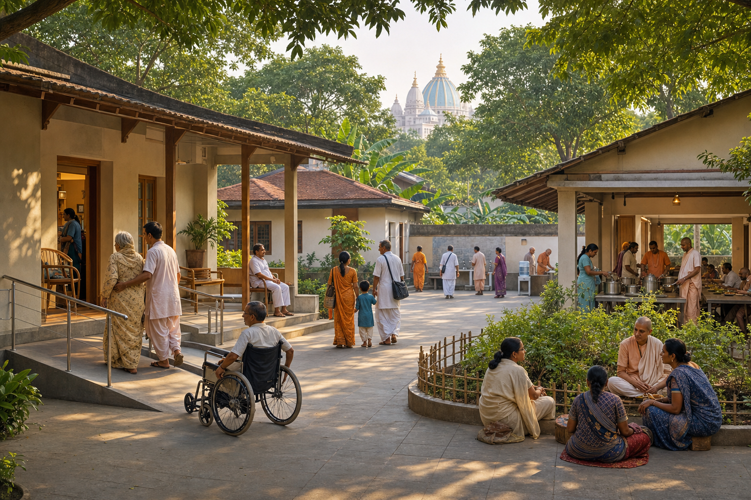 Pilgrims and residents use an accessible courtyard with lodging, drinking water, meal service, a clinic entrance, wash areas, and a tulsi garden.