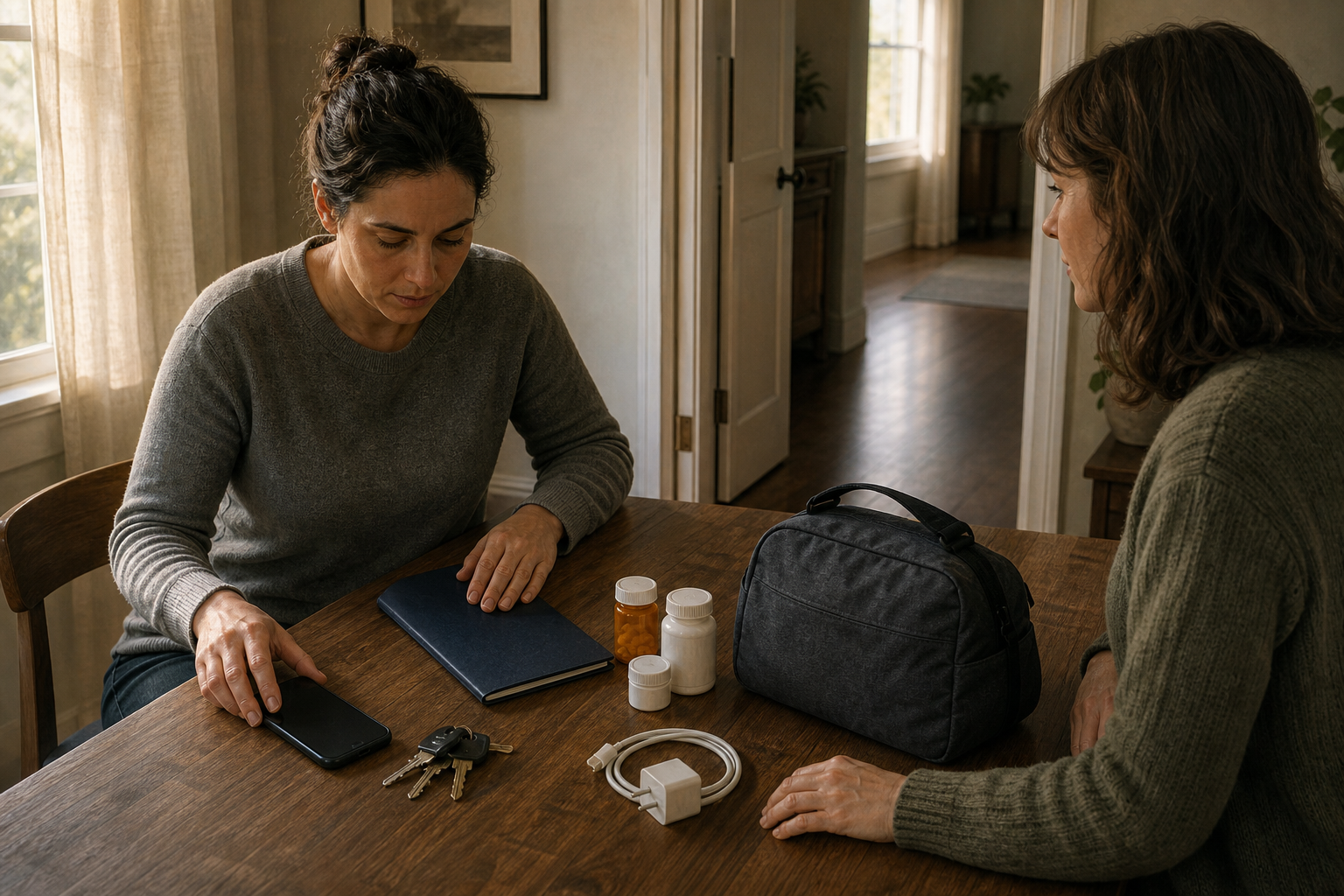 An adult and a trusted support person sit at a table with a phone, keys, medication, charger, folder, and small packed bag near a doorway.