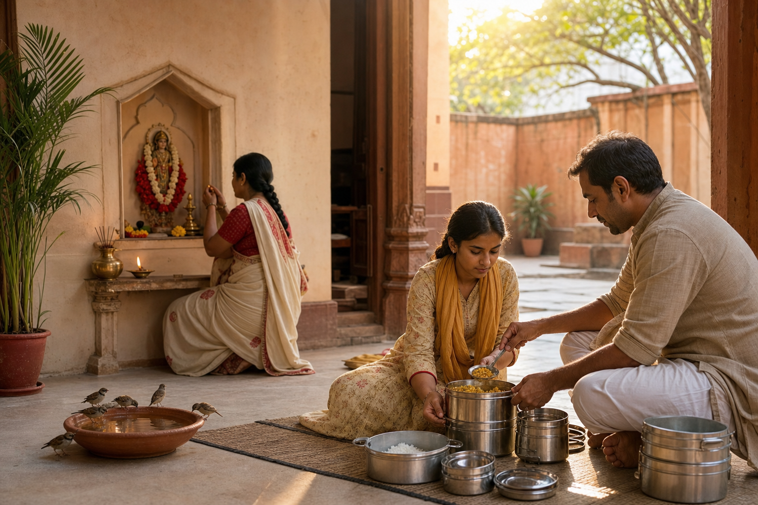 A household completes worship at a small goddess shrine while family members prepare food to share and set out water for birds.