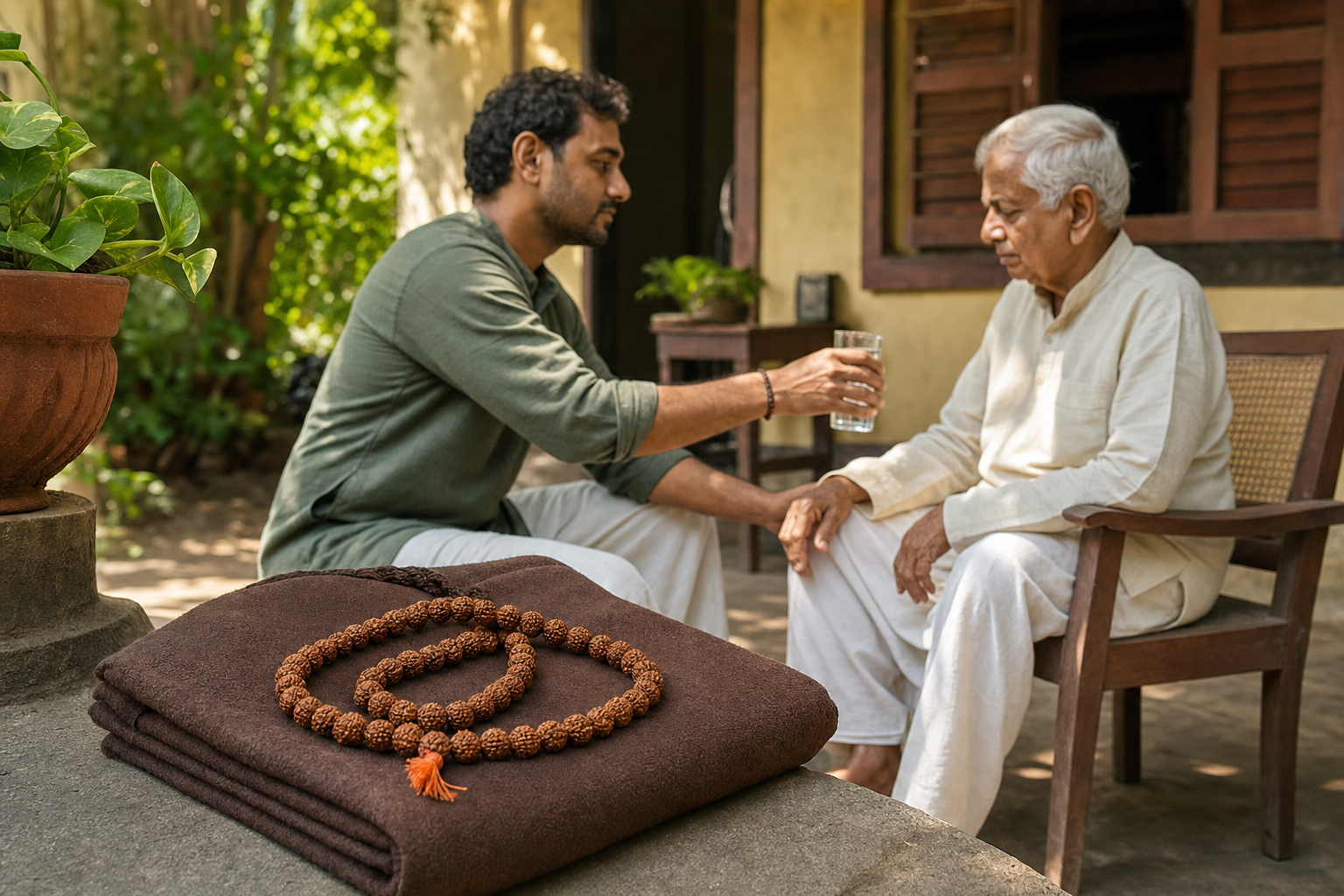Prayer beads rest on a folded cloth while a practitioner offers a cup of water to an older person in a sunlit courtyard.