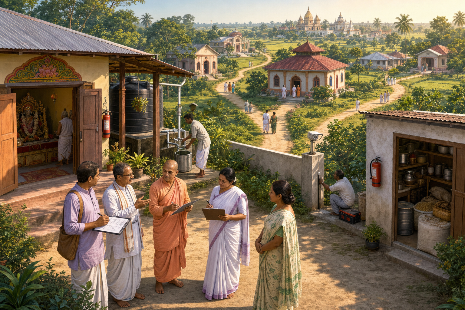 An oversight delegation and local representatives inspect facilities at a rural devotional center, with paths connecting other community buildings to a larger temple settlement in the distance.