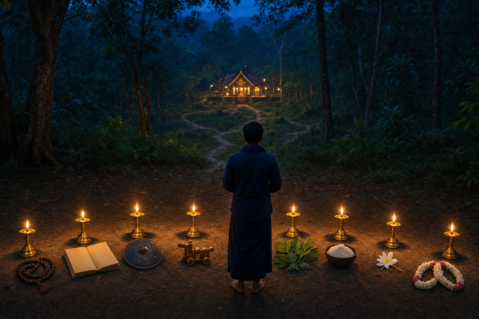 A pilgrim faces eight brass lamps beside symbolic offerings in a forest clearing, with a Kerala shrine glowing in the distance.