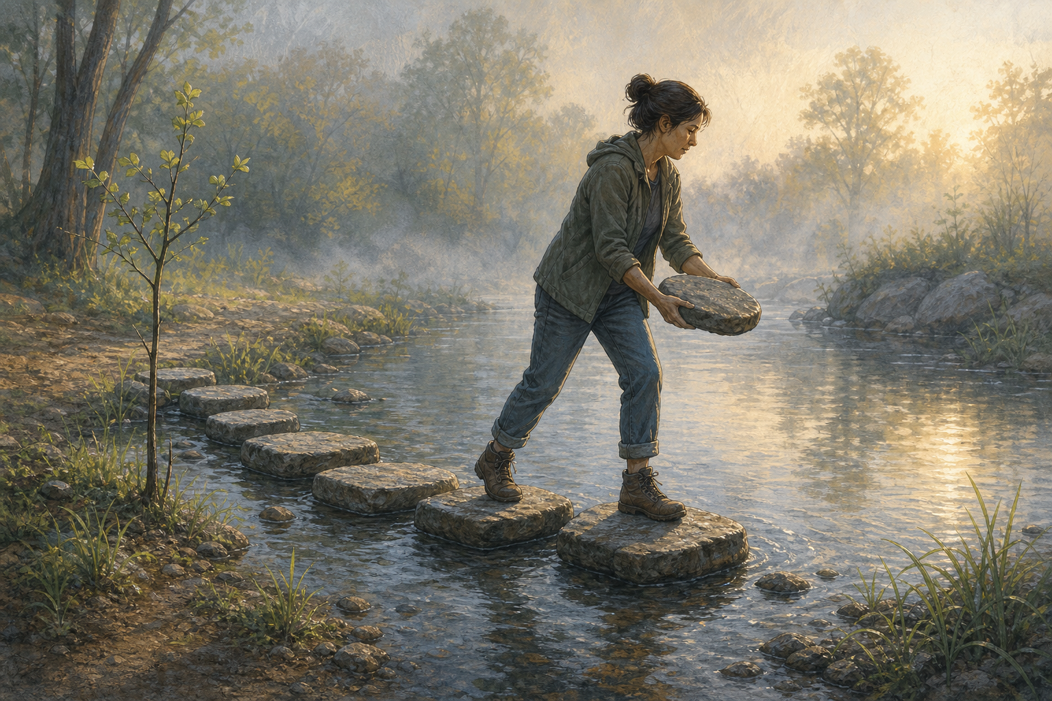 An adult builds a path across a shallow stream by placing one sturdy stepping stone at a time in the morning light.