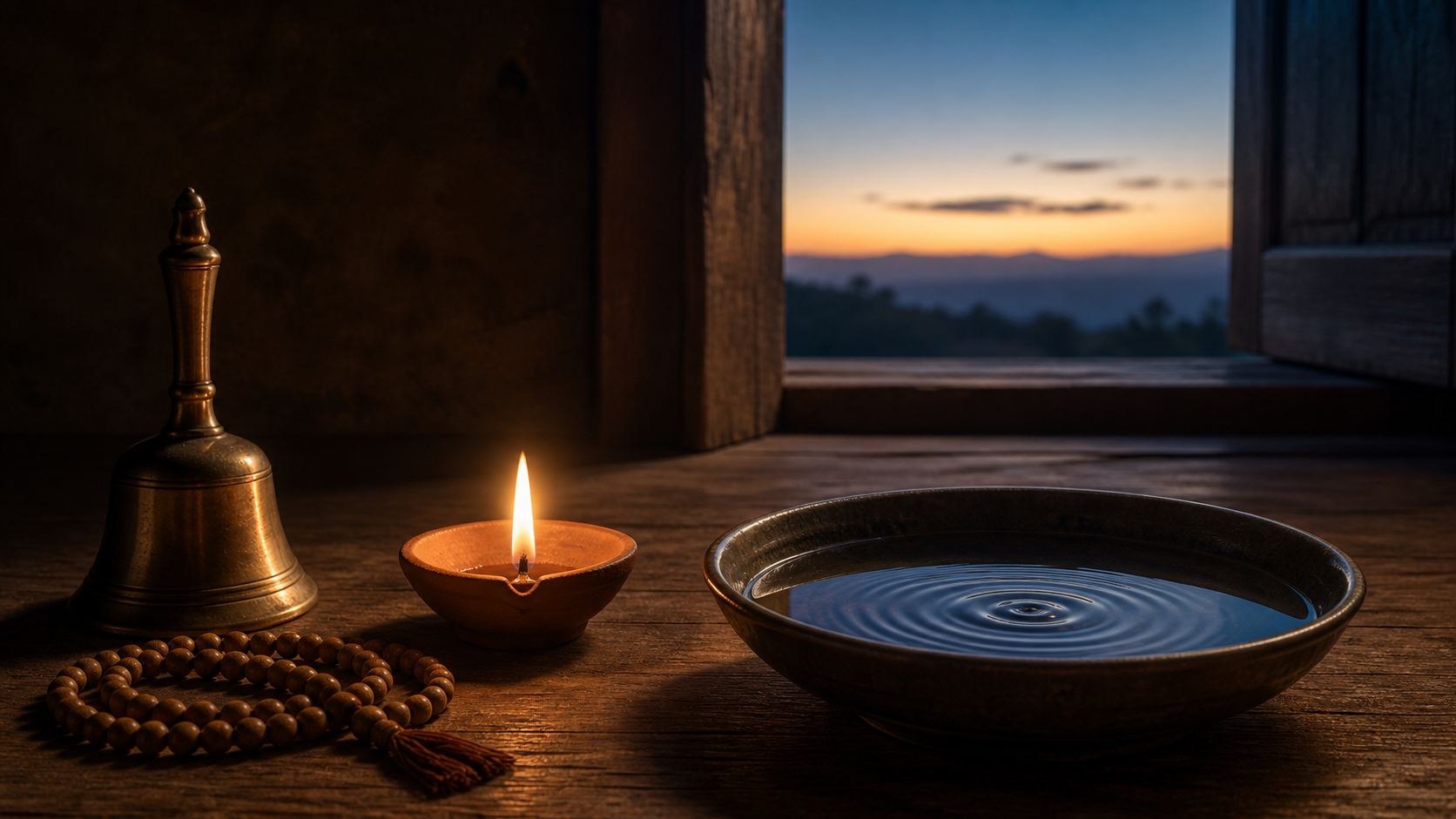 A brass bell, wooden prayer beads, a lit clay lamp, and a bowl of rippling water in a quiet room at dawn.