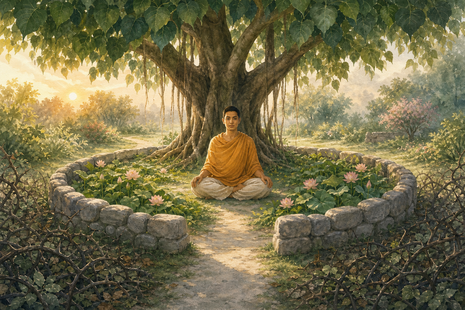 An adult meditates beneath a leafy tree inside a low circle of stones that keeps thorny vines outside while leaving an opening to a safe path.