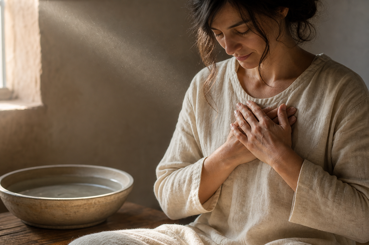 A woman seated in bed holds wooden prayer beads beside a basin of water, a washcloth, and a medicine container.