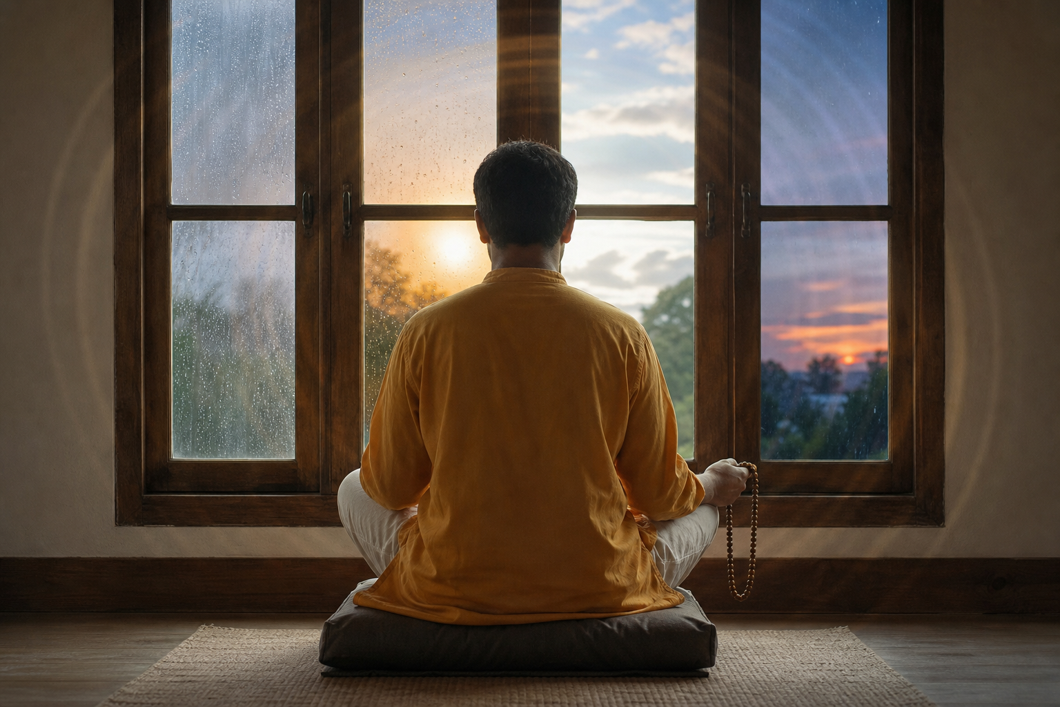 The same adult pauses beside a bed, holds prayer beads discreetly on public transit, and sits quietly in a hospital waiting area.