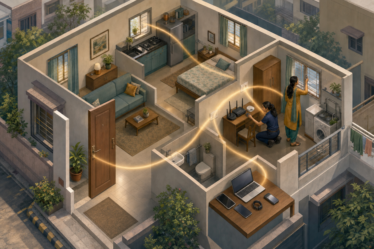 Two residents photograph a small suspicious device from a distance while a gloved evidence technician examines the room without disturbing it.