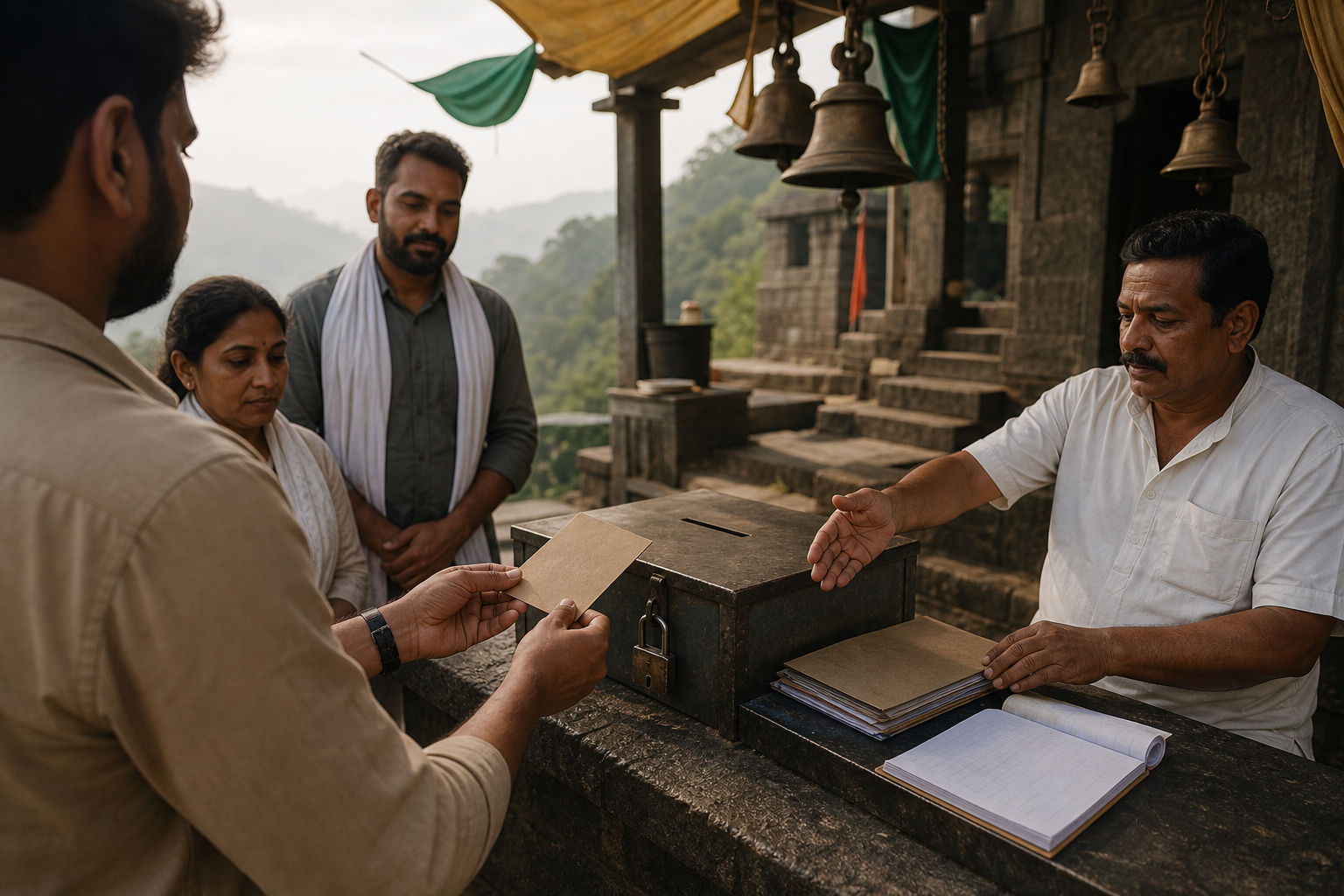 A devotee pauses with an offering envelope beside a locked donation box while an attendant indicates authorization materials at a misty hilltop shrine.
